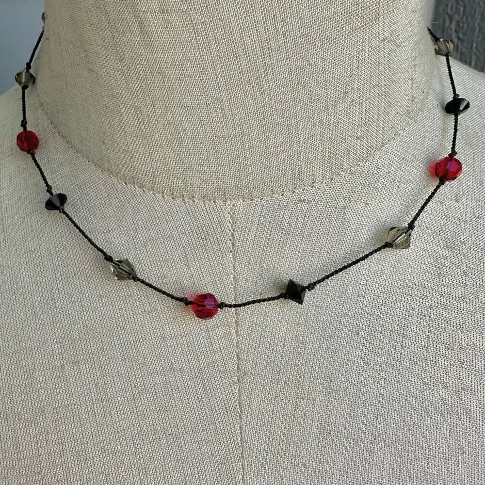 Black red grey Swarovski crystal necklace on cord
